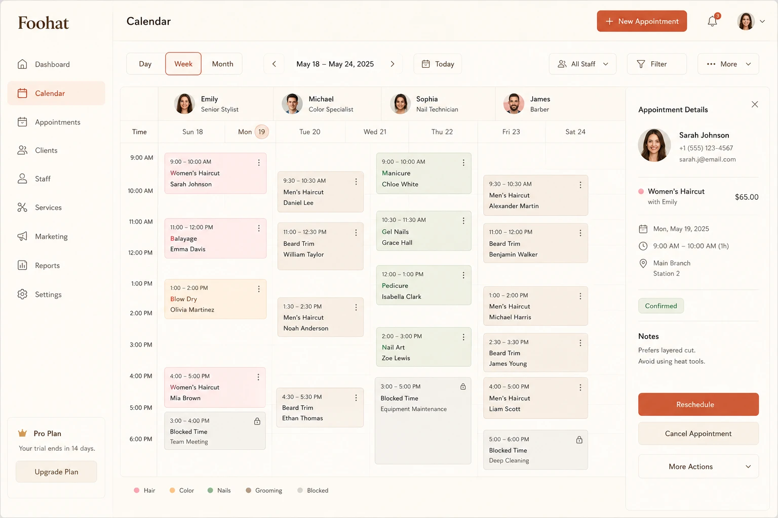 Tanning & Tattoo Studio appointment calendar dashboard with drag-and-drop scheduling, staff columns, and real-time booking management in Foohat software